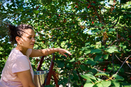 Charming multi-ethnic female farmer gardener, agriculturist, eco farm worker, standing on a ladder...