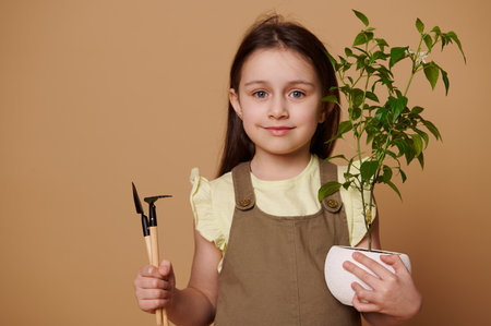 Portrait on beige background of a lovely baby girl, holding garden shovel, rake and pot with flowering pepper plant, smiling cutely at camera. Little child dreaming to become a gardener horticulturistの写真素材