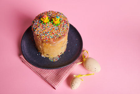 View from above of delicious homemade freshly baked Easter cake or Italian panettone, decorated with...