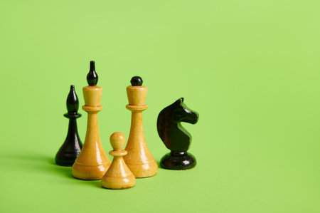 Black and white chess pieces on green isolated background with copy advertising space. King Queen Knight, pawn and horse. Leisure and board games concept. Development of business strategy conceptの写真素材