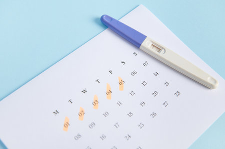 The concept of calculating ovulation and fertile days, planning maternity and diagnosis pregnancy. Inkjet pregnancy test kit on a white calendar with dates of last menstruation marked, blue backgroundの写真素材