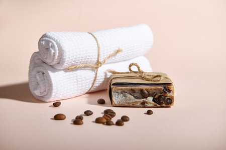 Still life composition with handmade organic soap bar, body scrub wrapped in craft eco paper, scattered coffee beans and rolled towels, isolated on pink pastel background. Hygiene. Skin care conceptの写真素材