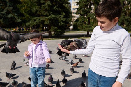 Happy pre teen boy standing in the city square with pigeons on hands, enjoys happy weekend feeding birds. . Kids feeding pigeons outdoors. People. Nature. Leisure activity. Care for animalsの写真素材