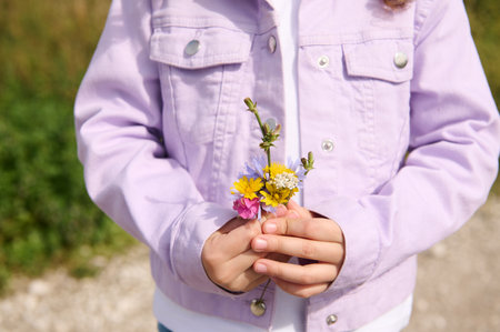 Selective focus on wildflowers picked in the meadow, in the hands of a child girl enjoying early spring sunny day in the countryside. Happy carefree childhood. Children and nature conceptの写真素材
