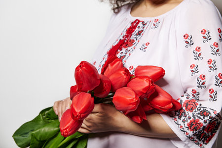 Details on a bouquet of red tulips in the hands of a woman, dressed in Ukrainian traditional embroidered dress, isolated on white color background. Ukrainian culture and folkloreの写真素材