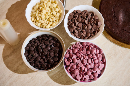 Overhead view of bowls with drops of various belgian confectionery dark, milk, white and ruby pink...