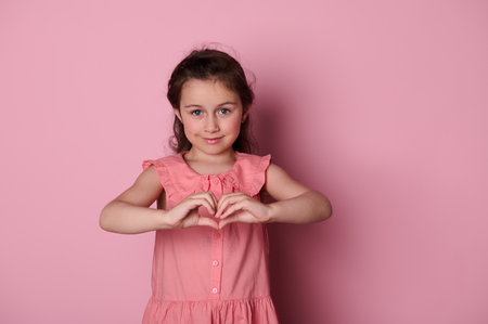 Adorable beautiful Caucasian blue eyed little child girl in pink dress, forms a heart shape with her hands, smiling looking at camera, expressing positive emotions, isolated pink background Copy spaceの写真素材