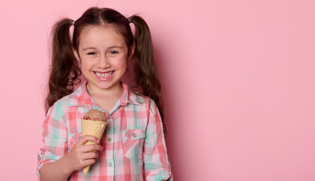 Mischievous Caucasian little child girl 5-6 years old, in stylish plaid shirt, with two ponytails, smiling a toothy smile, looking at camera, holding ice cream in waffle cone, isolated pink backgroundの写真素材