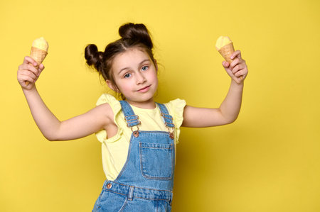 Adorable fashionable Caucasian little child girl holding waffle cone with scoops of delicious ice cream, looking at camera, isolated on yellow background. Happy summer holidays concept. Childhoodの写真素材