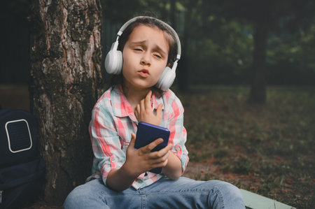 Little girl 6 years old, wearing pink checkered shirt and denim jeans, listening to music on wireless headphones, singing song, holding smart mobile phone while chilling out in the park after classの写真素材