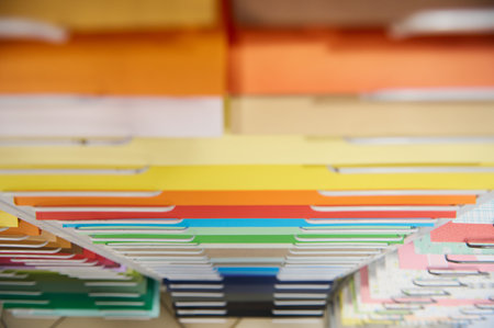 View from above of color vibrant paper arranged on shelves, display for sale in a stationary shop. Cardboard design paper sheets. Paper for pastel drawing ow watercolor painting. Still life. Art storeの写真素材