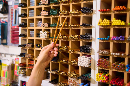 Close-up shot of the hand of a female customer holding graphite pencils near a shelf with crayons and pencils in creative art shop. Drawing activity. Fine arts. Hobby. School stationery storeの写真素材