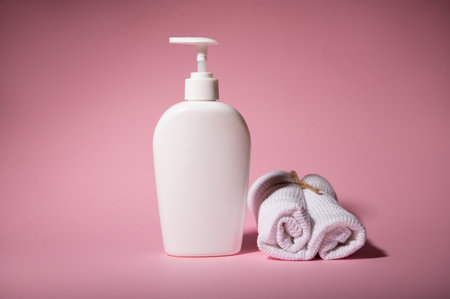 Moisturizing shower gel, smoothing lotion or body milk in a white mockup bottle with a dispenser and towel on pink isolated background. Brand packaging with copy advertising space. Skin and body careの写真素材