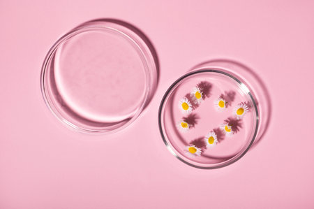 Still life. Chamomile flowers in a petri dish, isolated on pink background. Botany. Science. Natural ingredients for beauty product. Herbal medicine. Pharmacology and pharmaceutical industry. Flat layの写真素材