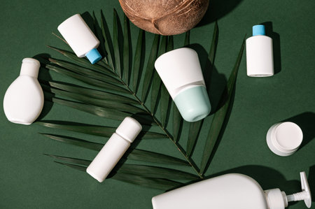 Still life. Flat lay composition with set of white bottles with body lotion, moisturizer, facial anti-aging serum laid out on a palm leaf, isolated over dark green background. Brand packaging mockupの写真素材