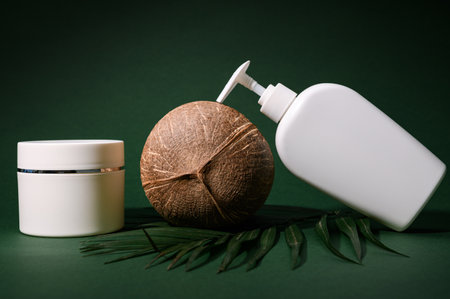 Shower gel with coconut natural ingredient, moisturizing body milk or lotion in a white mockup bottle with a dispenser on green isolated background with palm leaf. Brand packaging. Skin and body careの写真素材