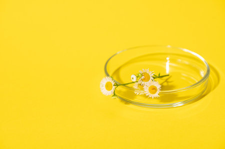 Still life with chamomile flowers in a petri dish, isolated on yellow background. Botany. Science. Natural ingredients for beauty product. Herbal medicine. Pharmacology and pharmaceutical industryの写真素材