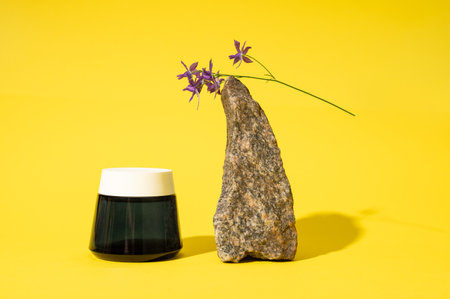 Still life with an anti-aging rejuvenation moisturizer or serum in a dark mockup jar near a stone, isolated over yellow studio background. Copy space. Brand packaging.の写真素材