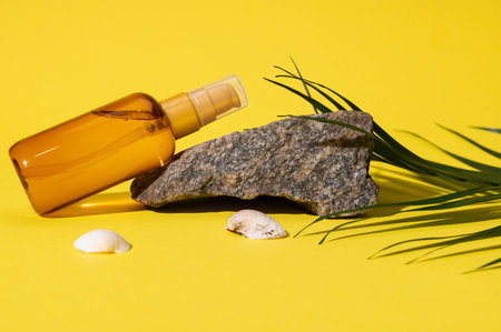 Creative still life, transparent golden unbranded cosmetic bottle on yellow background with palm leaf and sea shells. Concept of safe tanning, summer skin care and beauty products for skin. SPF lotionの写真素材