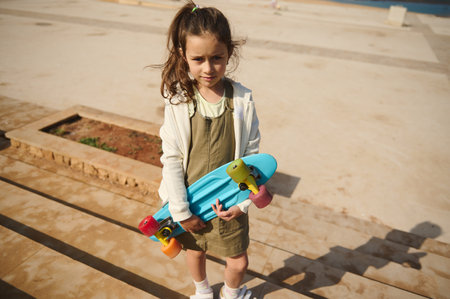 Caucasian cute little preschool girl standing on steps background, dressed in a white hoodie and khaki overalls, holding a blue skate in her hand and confidently looking at the cameraの写真素材
