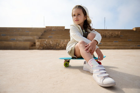 Beautiful Caucasian elementary age child girl in khaki dress and beige hoodie, dreamily looking away, sitting on a blue skateboard with multicolored wheels, on urban skatepark. Kids and extreme sportの写真素材