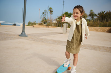 Happy Caucasian elementary age child girl smiling cutely, enjoying skateboarding, riding on skateboard on a skatepark on beautiful sunny day. Childhood. Extreme sport conceptの写真素材