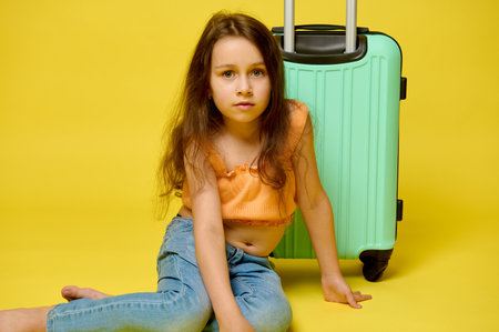 Authentic studio portrait Caucasian beautiful little child girl with long hair, sitting near her stylish suitcase, dressed in summer clothes, looking confidently at camera, isolated yellow backgroundの写真素材