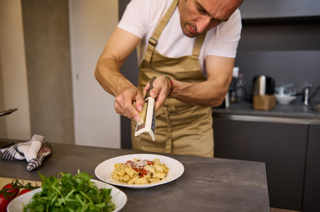 Close-up chef cooking dinner in stylish modern minimalist home kitchen interior, grating parmesan cheese over a plate with freshly boiled pasta with tomato sauce. Ingredients on the kitchen countertopの写真素材