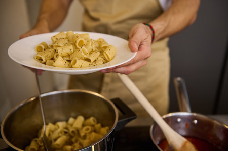 Close-up of a chef plating up Italian pasta before serving to customers.の写真素材