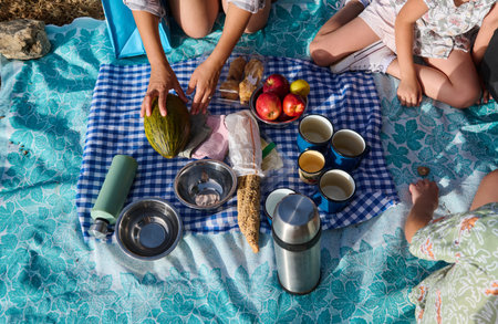 Top view of a family picnic with fresh fruits, snacks, and beverages set on a blanket. Kids and...