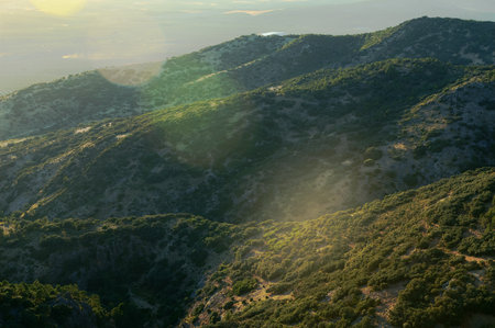 An aerial photograph capturing sunlit rolling hills blanketed with lush green vegetation. Perfect...