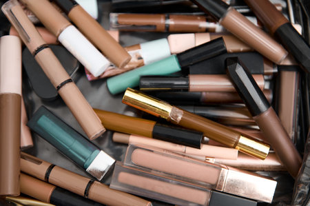 Top view of a collection of assorted lip glosses and concealers in various shades and packaging....