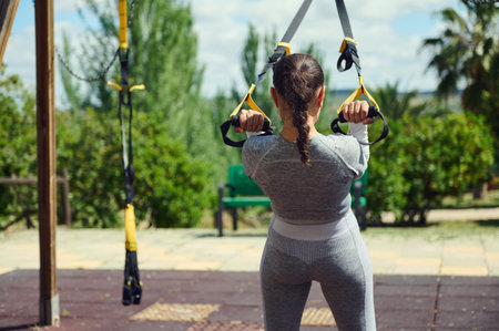 Rear view of woman exercising with TRX straps outdoors. Captures focus and determination in a lush...