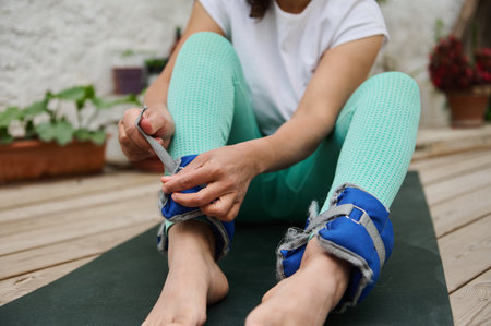 Woman securing ankle weights as part of her outdoor home exercise routine. Emphasizing fitness and wellness in a natural environment.の写真素材