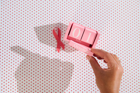 Pink ribbon symbol with October calendar blocks on a polka dot background, highlighting breast cancer awareness.の写真素材