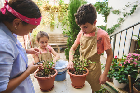 A family enjoys gardening together, with children planting in pots outside. The scene captures teamwork, learning, and nature, fostering connection between family members in a sunny garden.の写真素材