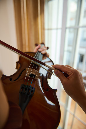 A close-up image of hands skillfully playing a violin by a bright window. The natural sunlight illuminates the scene, highlighting the instrument's glossy wood surface and the musician's technique.の写真素材