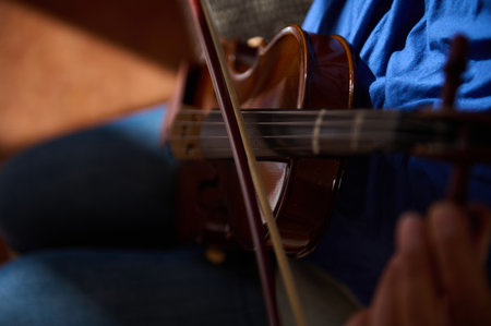 Detailed view of a violinist playing a wooden instrument, highlighting strings and bow details.の写真素材