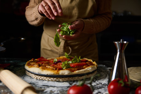 A chef expertly adds fresh basil leaves to a homemade pizza, capturing the essence of artisanal...