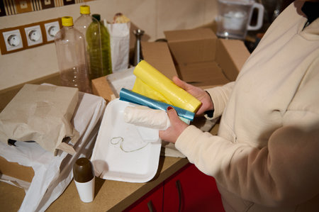 Recycling activities at home, showing materials like paper, plastic, and biodegradable items...