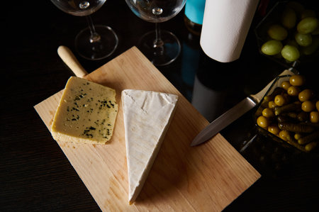 Variety of cheeses on a wooden board, paired with wine glasses and gourmet snacks.の写真素材