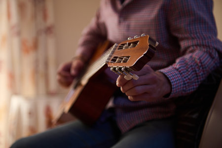 A person wearing a checkered shirt strums an acoustic guitar in a warm indoor setting, evoking...