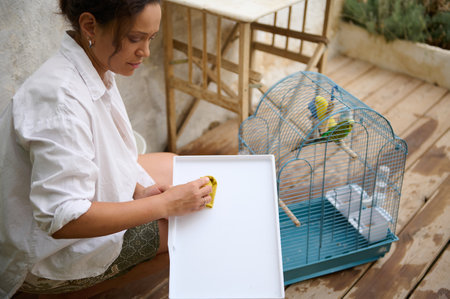 A woman carefully cleans the parts of a bird cage on an outdoor wooden terrace while her colorful birds remain perched inside, reflecting care and routine in pet maintenance.の写真素材