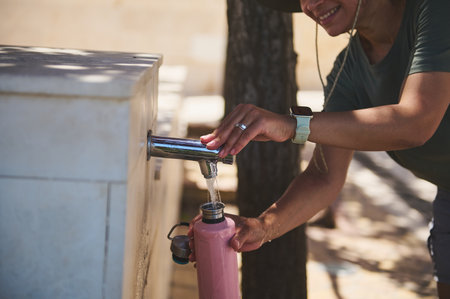 Woman refilling a pink water bottle at a public drinking fountain outdoors in a shaded area during a bright and sunny day, highlighting hydration and outdoor activities.の写真素材