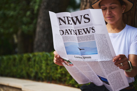 Individual engaged in text reading while seated outdoors amid a natural, serene backdrop, emphasizing relaxation and informative media consumption.の写真素材