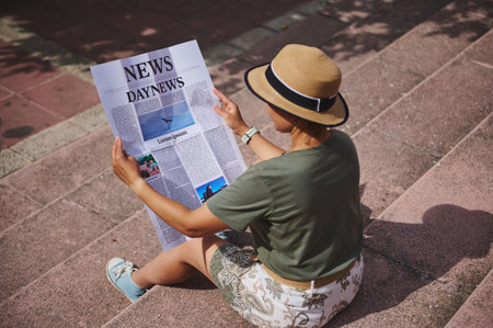 A person sits on outdoor stairs, engrossed in reading a newspaper, under bright sunlight. They wear a fashionable hat and casual attire, enjoying a quiet moment of relaxation.の写真素材