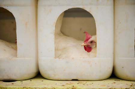 Close-up view of a row of chicken coops from recyclable plastic with hens hatching eggs. The concept of eco-friendly and sustainability. Eco farming and rural lifestyleの写真素材