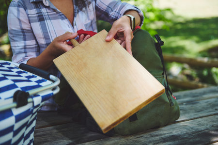 A picnic outdoor setting with a wooden cutting board, a checkered basket, and green scenery. Perfect...