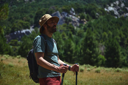 Adventurer hiking through a scenic forest with walking sticks, enjoying nature. Perfect for concepts...