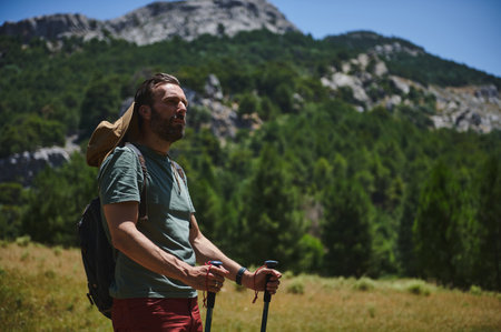 Bearded adventurer hiking on a bright summer day, surrounded by lush forest and scenic mountains, embodying exploration and an active lifestyle in nature.の写真素材